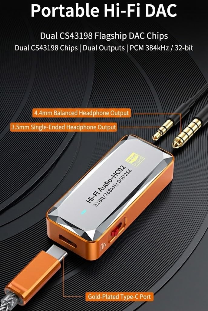 USB C DAC Headphone Amplifier, Dual CS43198 Portable DAC Amp with 4.4mm Balanced & 3.5mm Outputs, Hi-Res 32Bit/768kHz DSD256, Gain Switch, Volume Control for IEMs, Headphones, PC - Orange