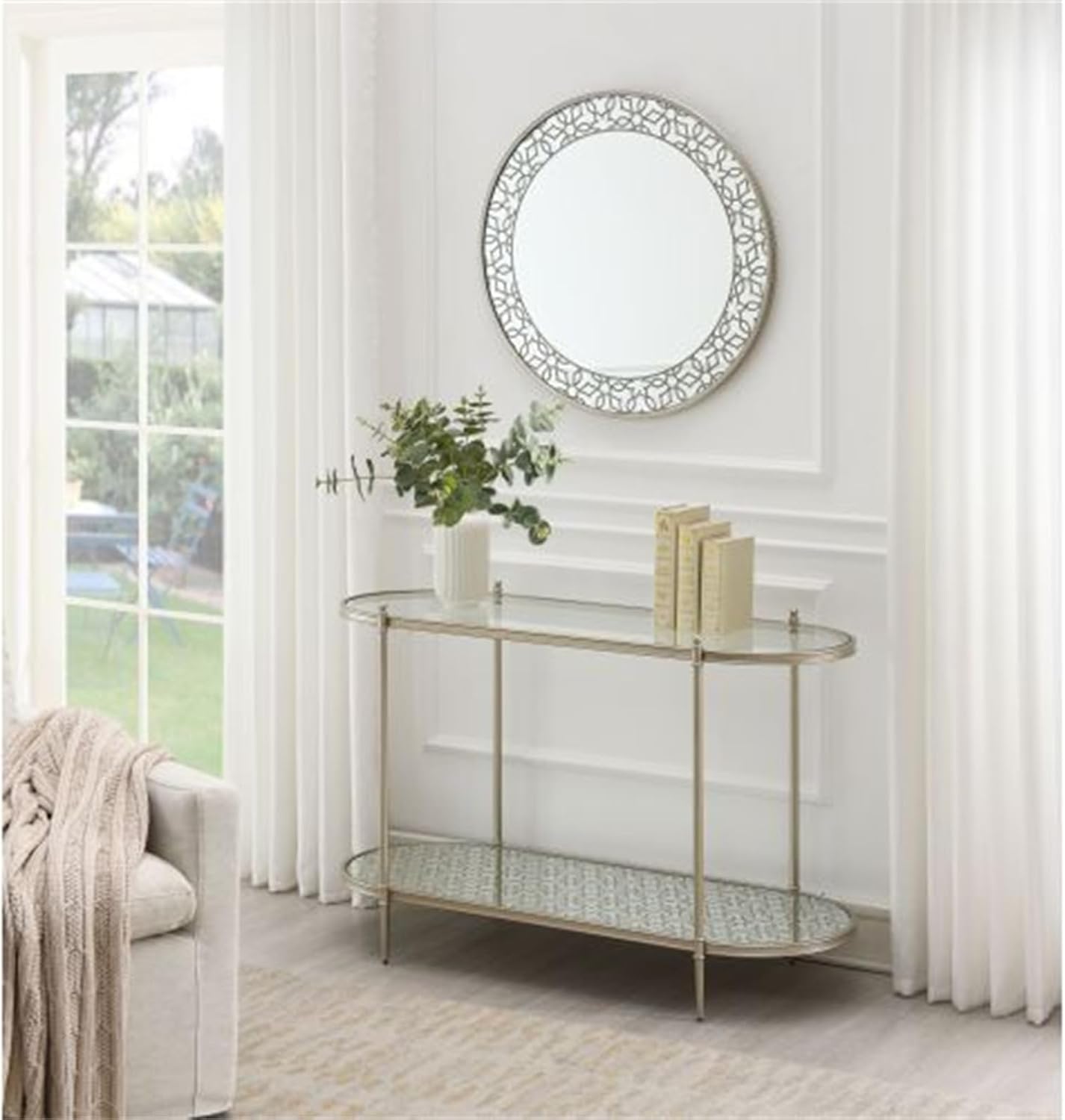 Simple and Stylish Oval Table, Double Sofa Table, Storage Table, Glass Top and Champagne Finish, Metal Frame, Home Furniture, Champagne Color