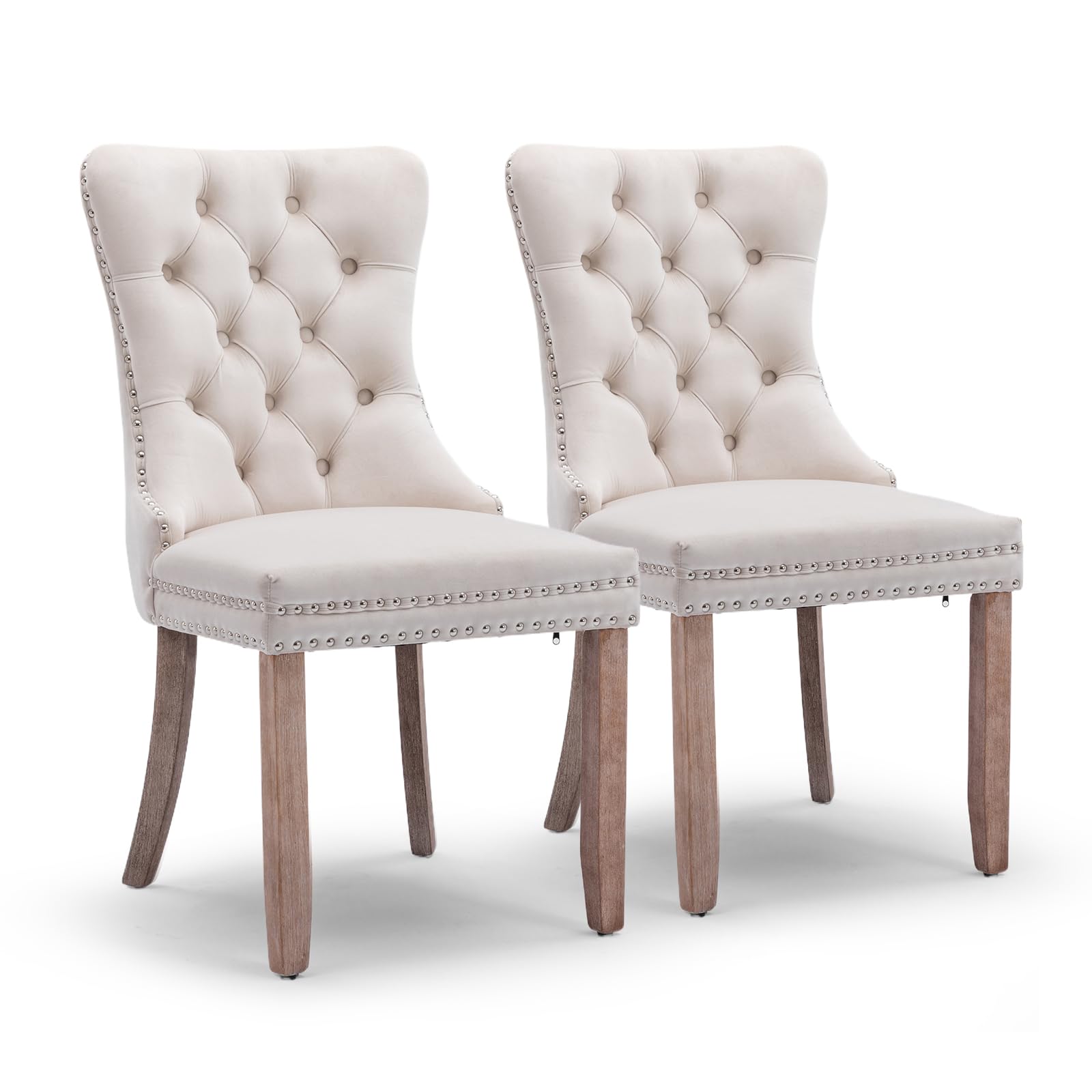 JETEAGO Velvet Dining Chair Set of 2, Upholstered Tufted Dining Room Chair with Nailhead Trim and Solid Wood Leg for Kitchen, Beige