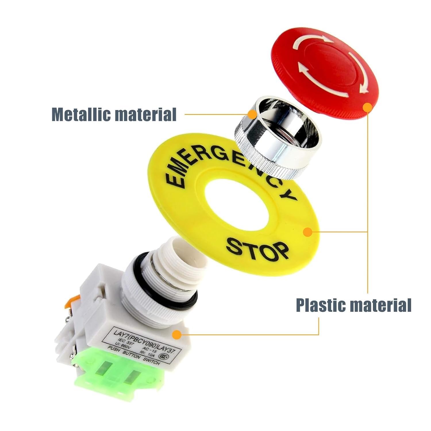 TECHZOCO Interruptor de Botón de Presión para Parada de Emergencia, Seta Pulsador Emergencia, Botón para Emergencia, Instalación orificio de apertura 22 mm, NO + 1 NC DPST, 660V 10A