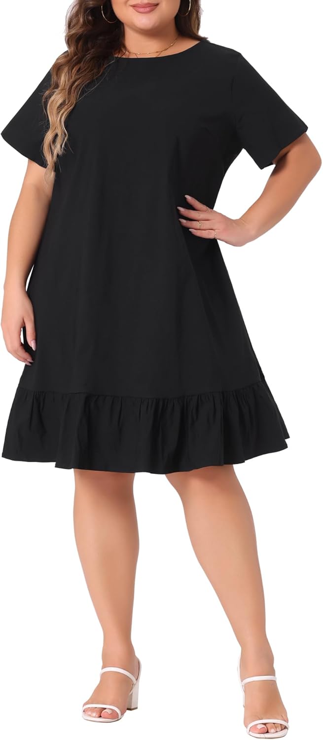 Agnes Orinda Plus Size Dresses for Women Ruffle Hem Casual Short Sleeve Chambray Dress 2024