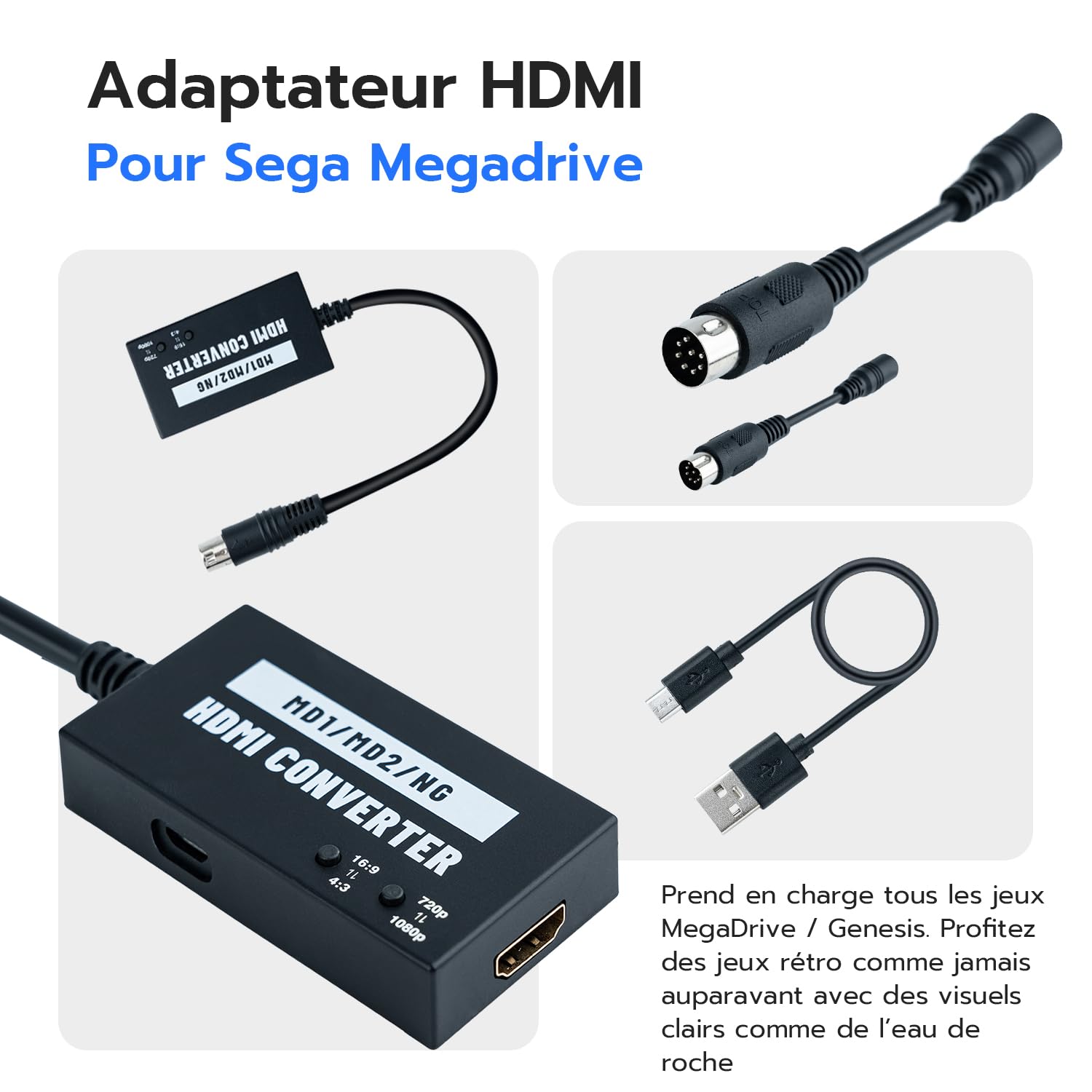 Mcbazel Adaptateur HDMI sans Couture pour Mega Drive/NEOGEO pour HDTV, Convertisseur vidéo Multifonction 4:3/16:9, 720P/1080P pour Mega Drive 1/Mega Drive 2/NEOGEO