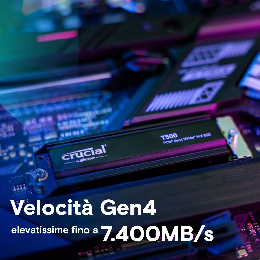 Crucial T500 SSD 2TB PCIe Gen4 NVMe M.2 con Dissipatore, Fino a