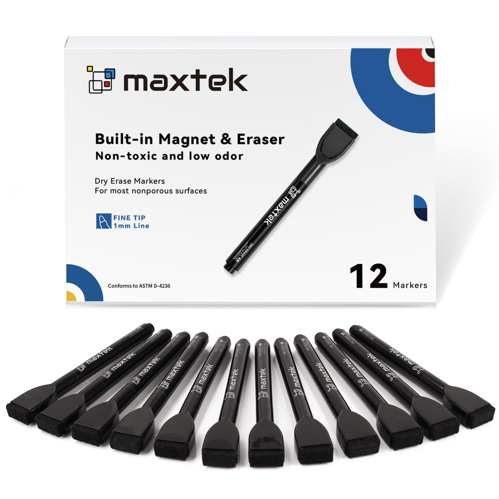 maxtek Magnetic Black Dry Erase Markers, 12 Count Fine Tip Whiteboard Markers with Eraser, Thin Markers Low Odor for Classroom, Office, Home