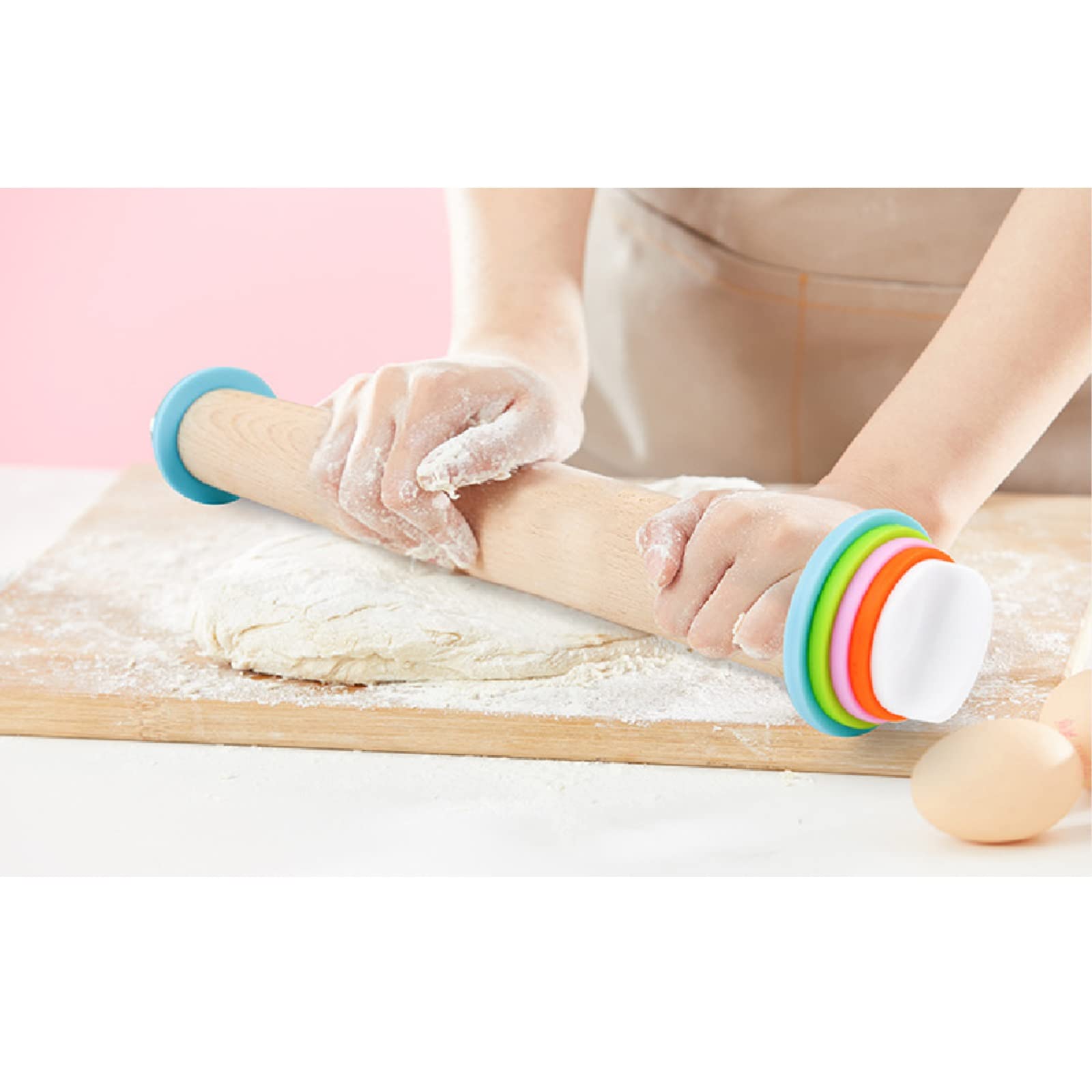 Rodillo, cinturón 4 anillos de grosor extraíbles, con alfombrilla de silicona para hornear, juego de rodillo de madera ajustable, se aplica a fondant, pizza, masa de tarta, galleta, pastelería