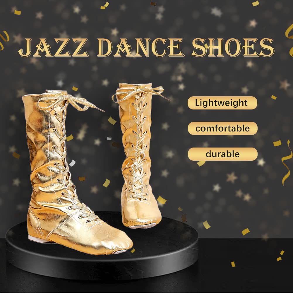 HIPPOSEUS Women's Jazz Dance Shoes Gold Split Sole Dancing Training High Top Ankle Dance Boots for Men, US 7.5