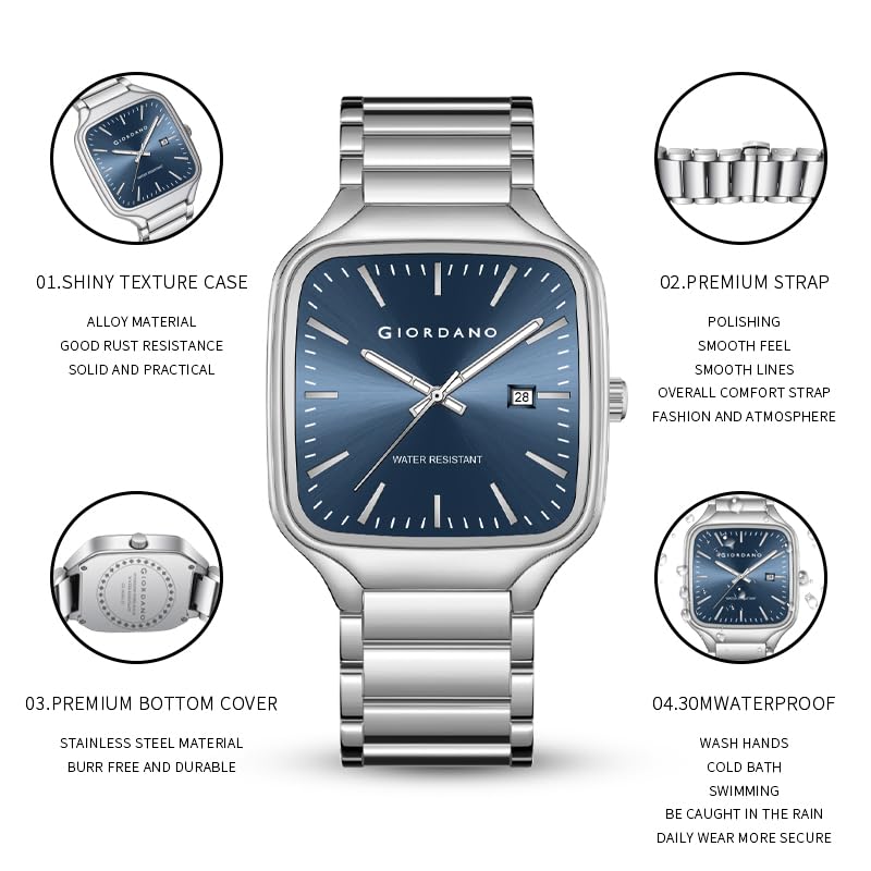 Image of Giordano Analog Watch for Men - Square Dial, Stainless Steel Strap, Date Display, Water Resistant Classic Dress Watch