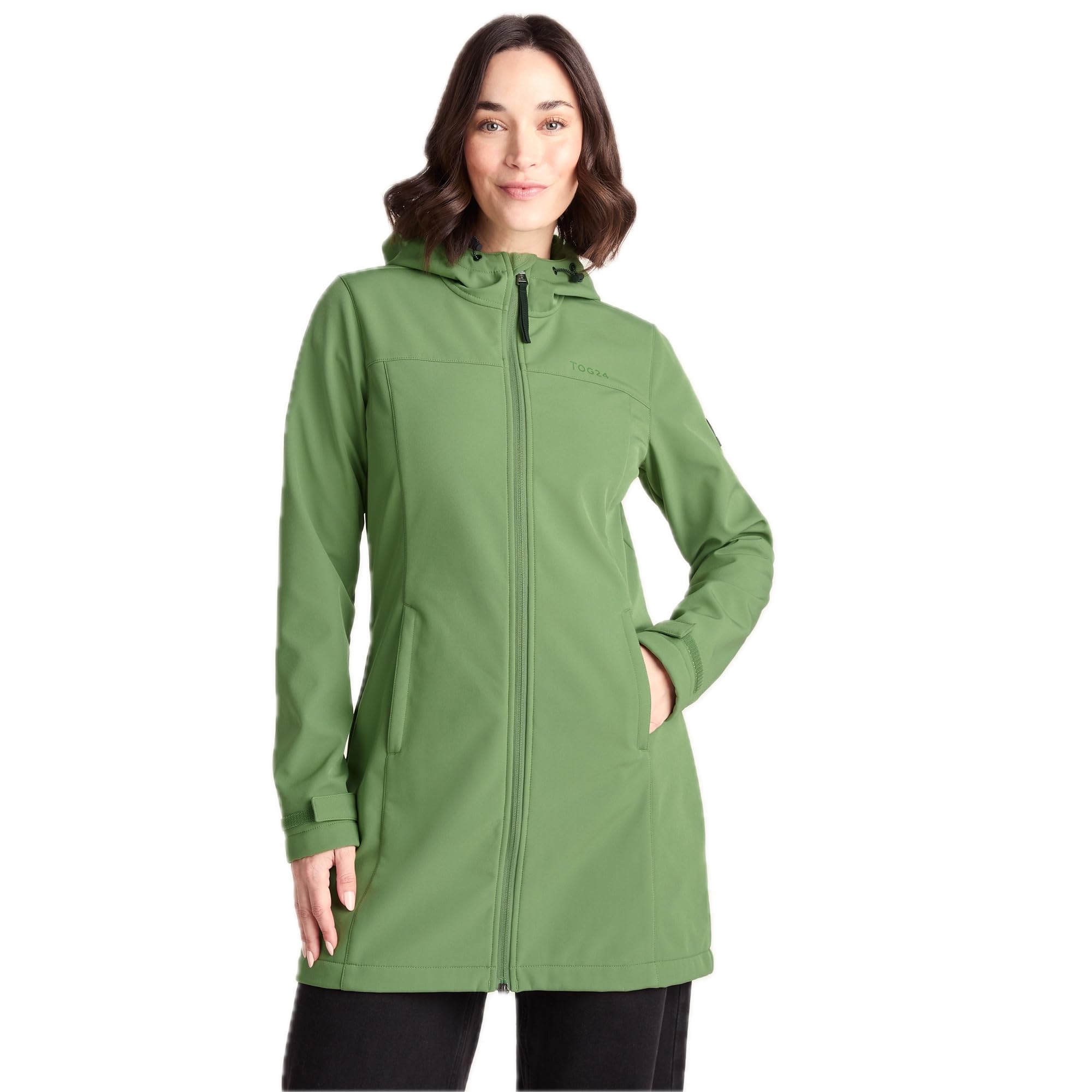 Tog24 Women's Dark Matcha Keld Lightweight Long Softshell Jacket, Windproof, Showerproof Zip Up Outdoor Jacket With Hood, Fleece Lined For Warmth, Ideal For Hiking, Walking And Everyday Use