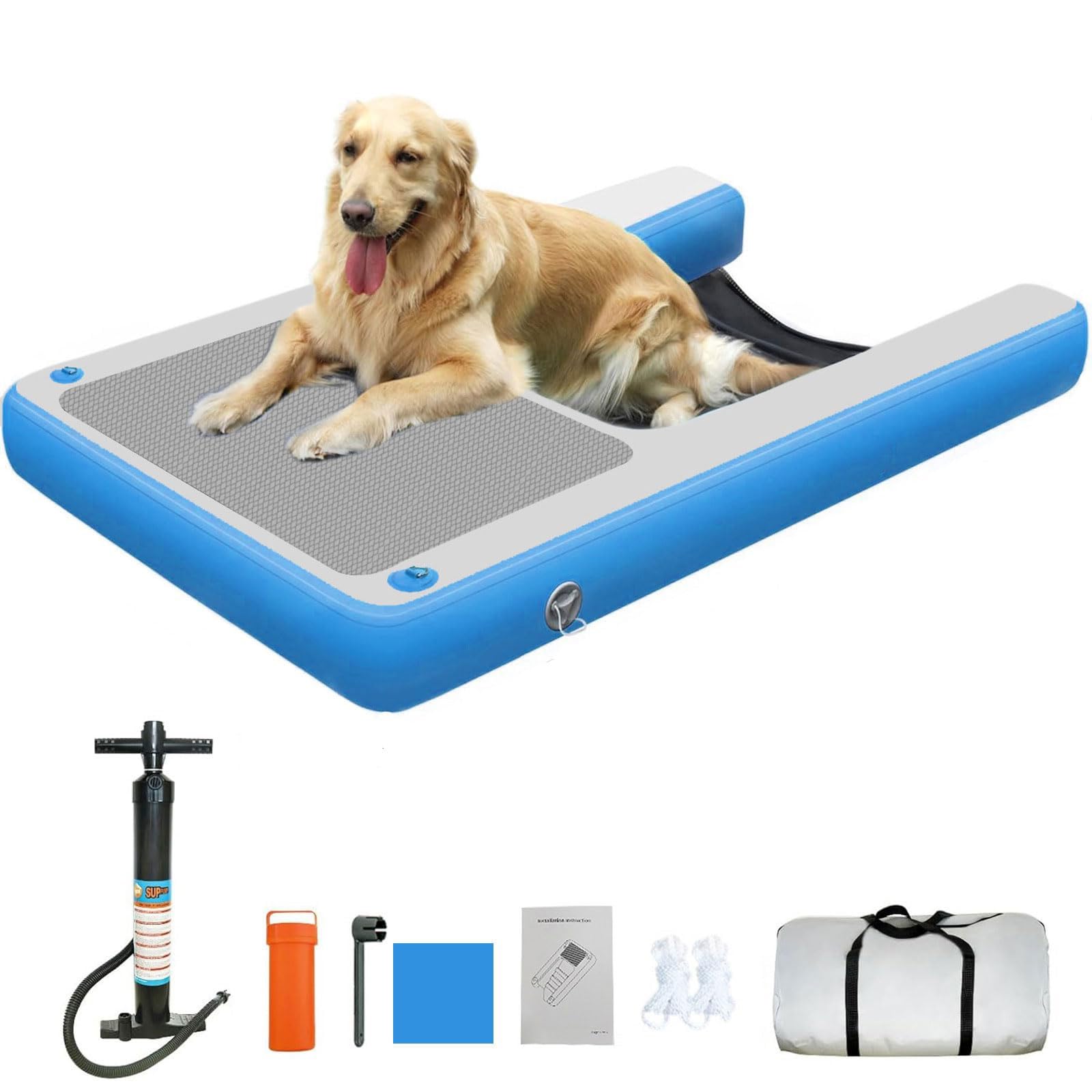 Rampa gonfiabile per piscina per cani con pompa, corda e kit di riparazione, scala galleggiante riutilizzabile per un facile accesso all'acqua in piscine, laghi e barche