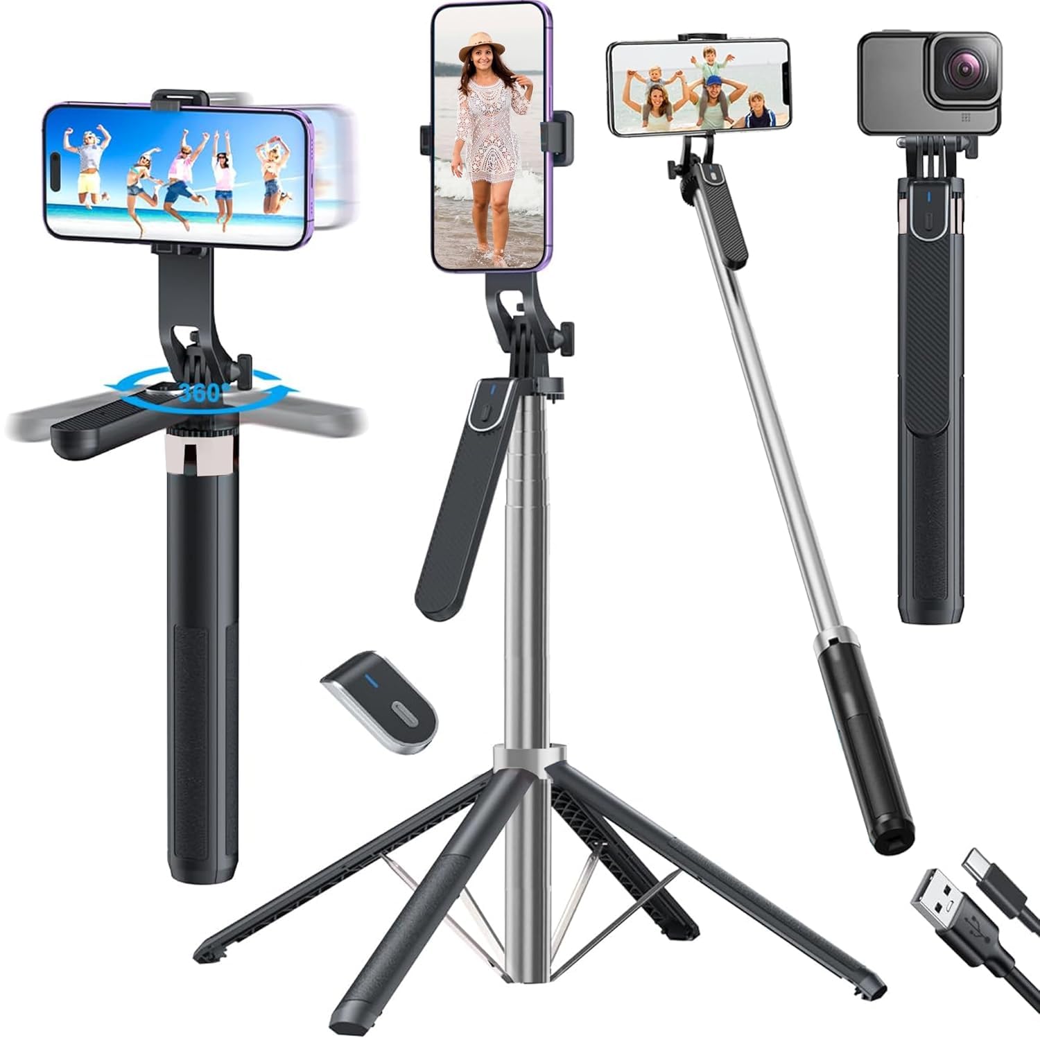 Selfie Stick Tripod with Bluetooth Remote, 360° Rotation | Wireless Remote, Extendable Stand, 360° Rotating Base, Phone & Action Cam, USB-C Charging-picture-17