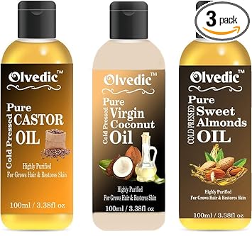 100% Pure & Natural Castor Oil, Virgin Coconut Oil & Sweet Almonds Oilin Combo Pack of 3 (100 ml each)