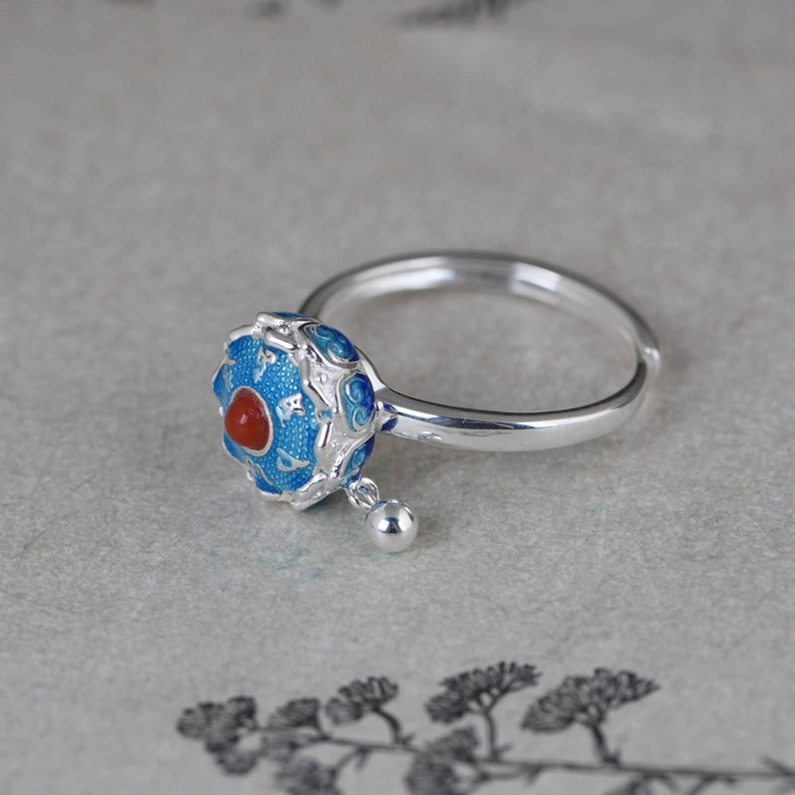 Ringe Frauen Silber 925, 925 Sterling Silber Mantra-Glocke aus Emaille Ringe für DamenSilber Blau, Größe Einstellbar