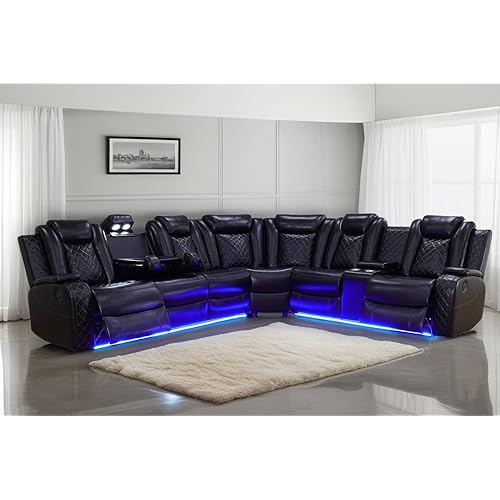 A Ainehome Power Recliner Sectional Sofa Set with LED Light, Leather Reclining Sectional Couches Corner Sectional Sofa Set with 2 Recliner Seats for Living Room with Cup Holder, Storage Console, Black