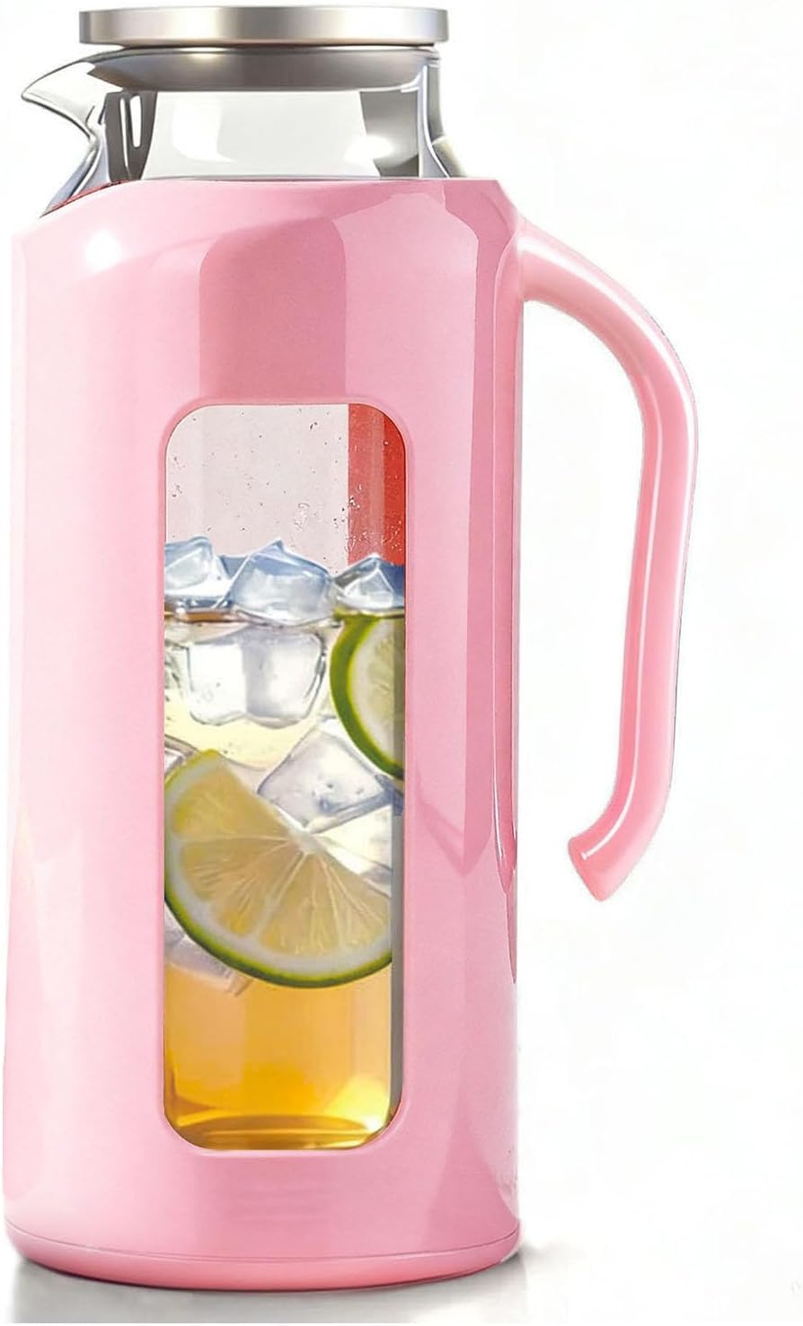 Delove Glass Pitcher with Lid & Shatterproof Shell – Heat-Resistant Borosilicate Glass Jug, 2 L/68 oz with Handle & Spout – Perfect for Iced Tea, Juice, Hot & Cold Water (Black)
