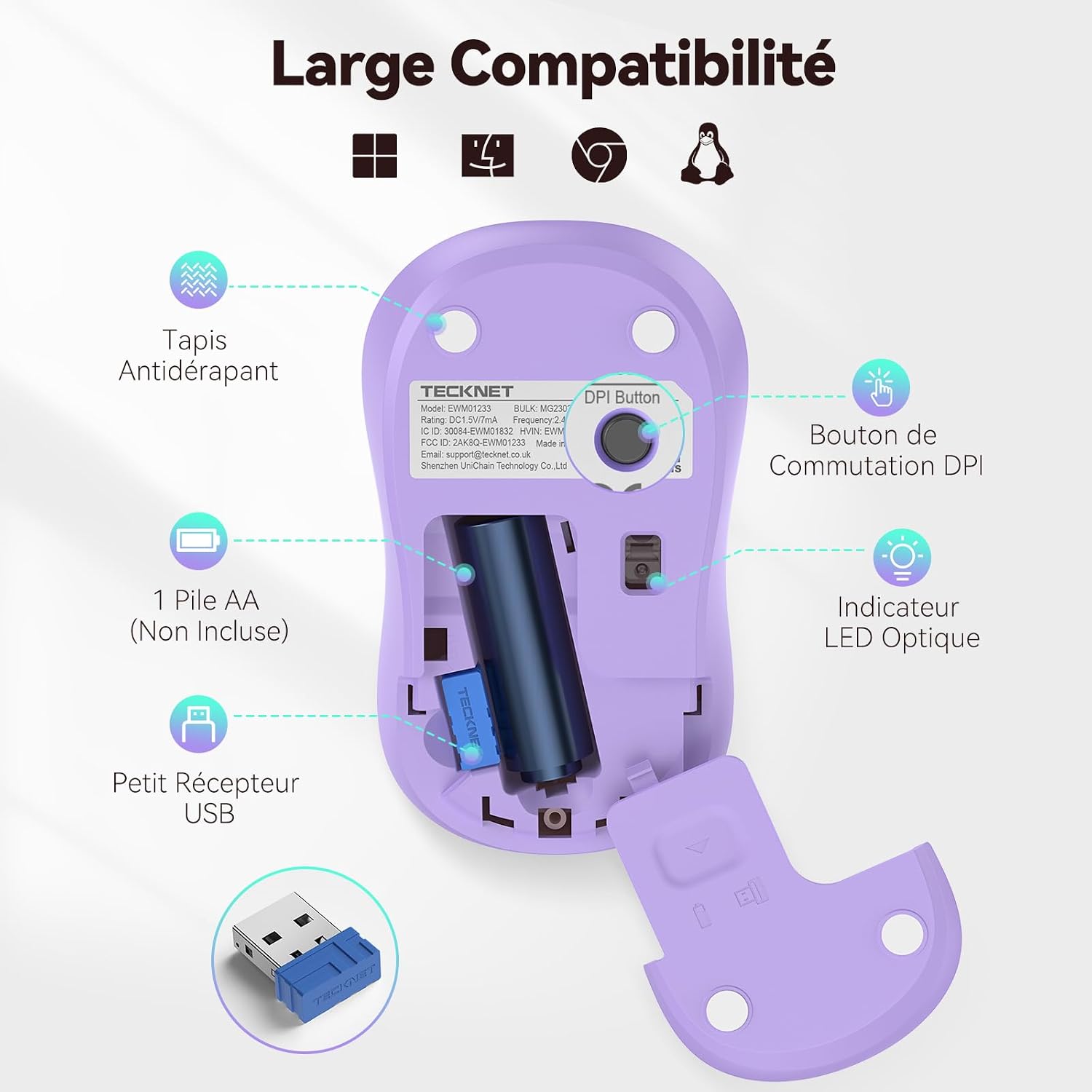 TECKNET Wireless Mouse for Laptop, 2.4G Silent Computer Mouse Quiet Click with 5 DPI Levels,Contoured Grip,Small Portable 30 Months Battery Cordless Mice for PC, Chromebook, Mac - Purple Green - 7