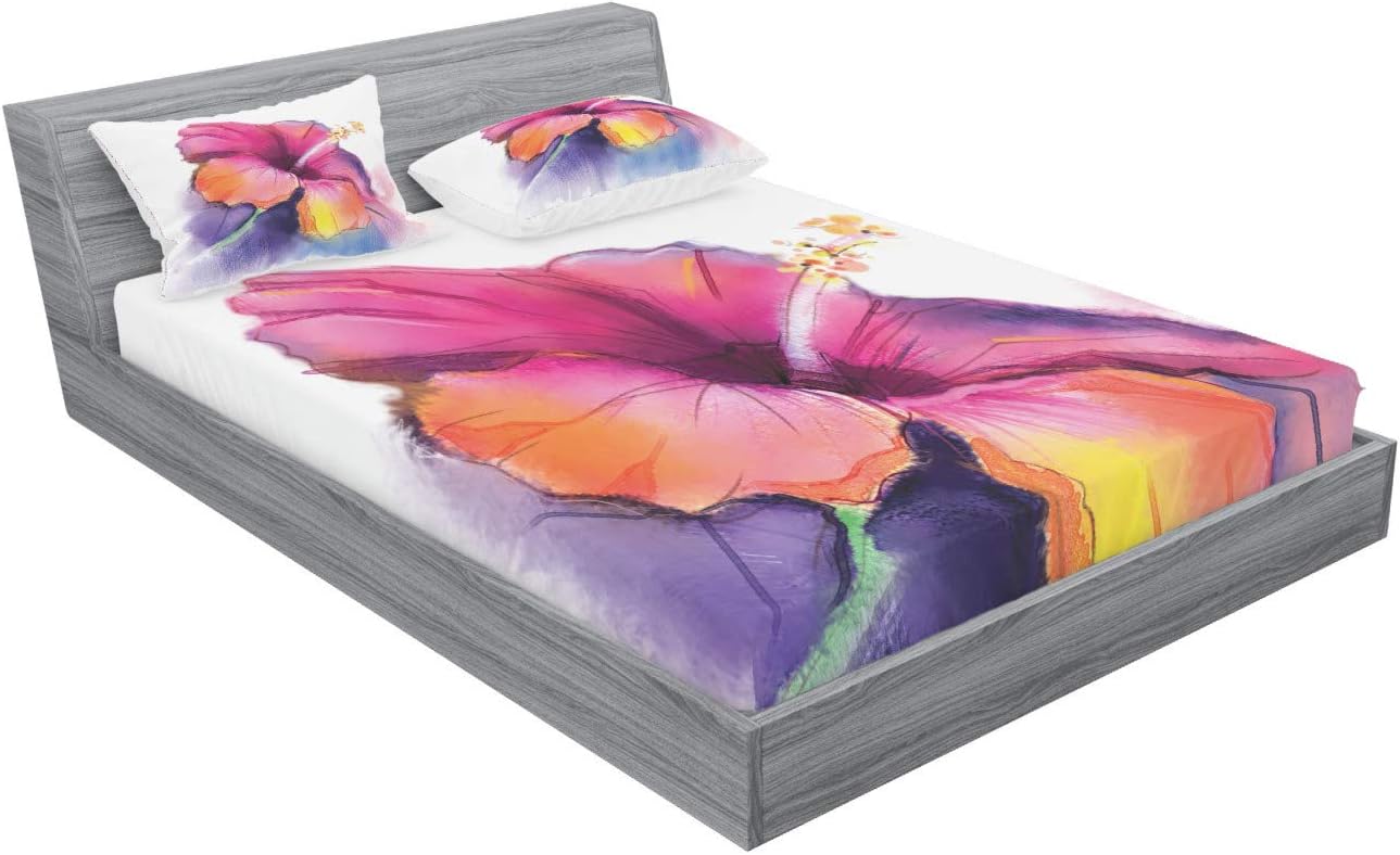 Ambesonne Flower Fitted Sheet & Pillow Sham Set, Hibiscus Flower in Pastel Abstract Colorful Romantic Petal Pattern Art Print, Decorative Printed 3 Piece Bedding Decor Set, Queen, Pink Violet