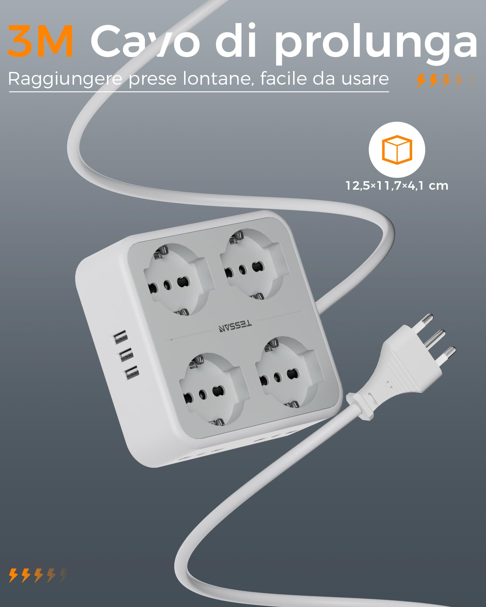 TESSAN Ciabatta Multipresa con USB, Presa Multipla con 4 Schuko e 4 Bivalenti 10A/16A, Multipresa Elettrica con Interruttore e 3 USB A, Ciabatta Elettriche 3680W con Prolunga Elettrica 3M, Grigio