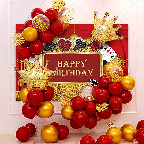 DASHAN 10x6.5ft Vinyl Happy Birthday Backdrop Red Curtain Backdrop Gold Sequins Playing Cards Men Poker Playing Party Photography Background for Casino Party Kid Men Birthday YouTube Photo Prop