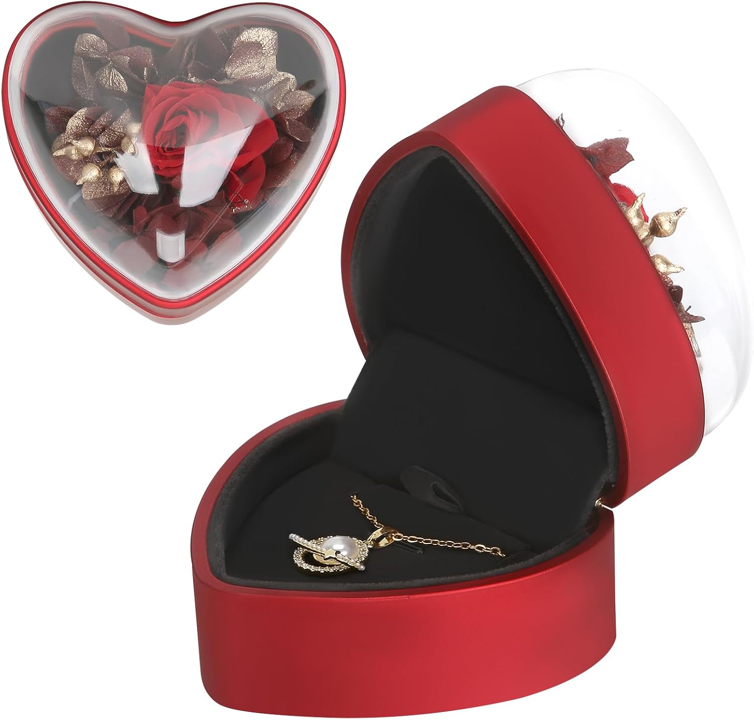 LETURE Creative Heart Shaped Pendant Necklace Gift Box with Flower, Small Jewelry Display Case for Proposal Engagement Wedding Valentine's Day (Red)