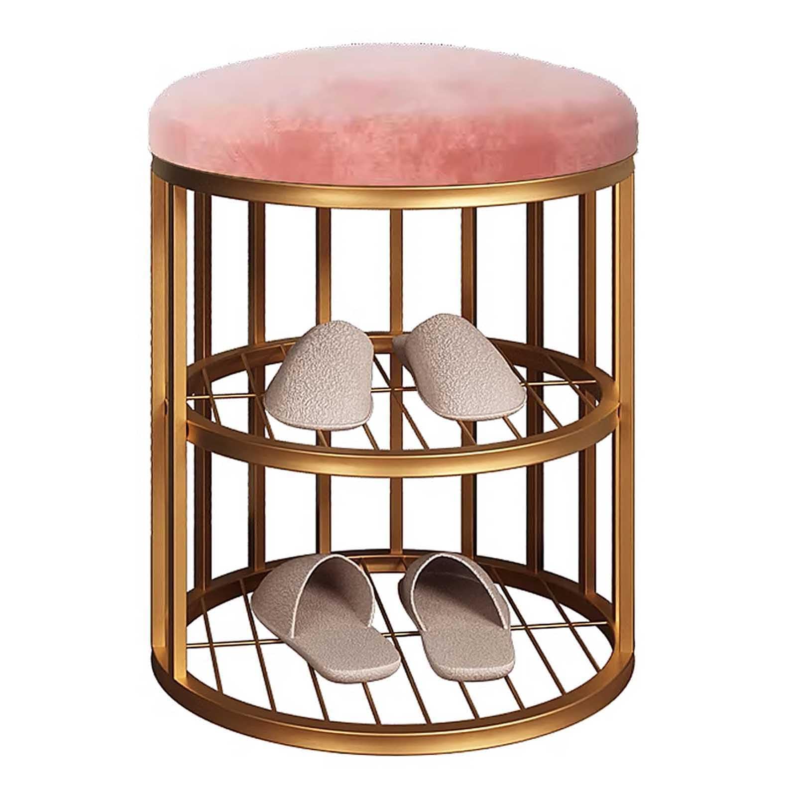 KLGFBDC Entryway Small Shoe Bench - Metal Shoe Stool with 2-Tier Storage Organizer Round Seat Stylish Footrest Space-Saving Shoe Rack for Home & Hallway
