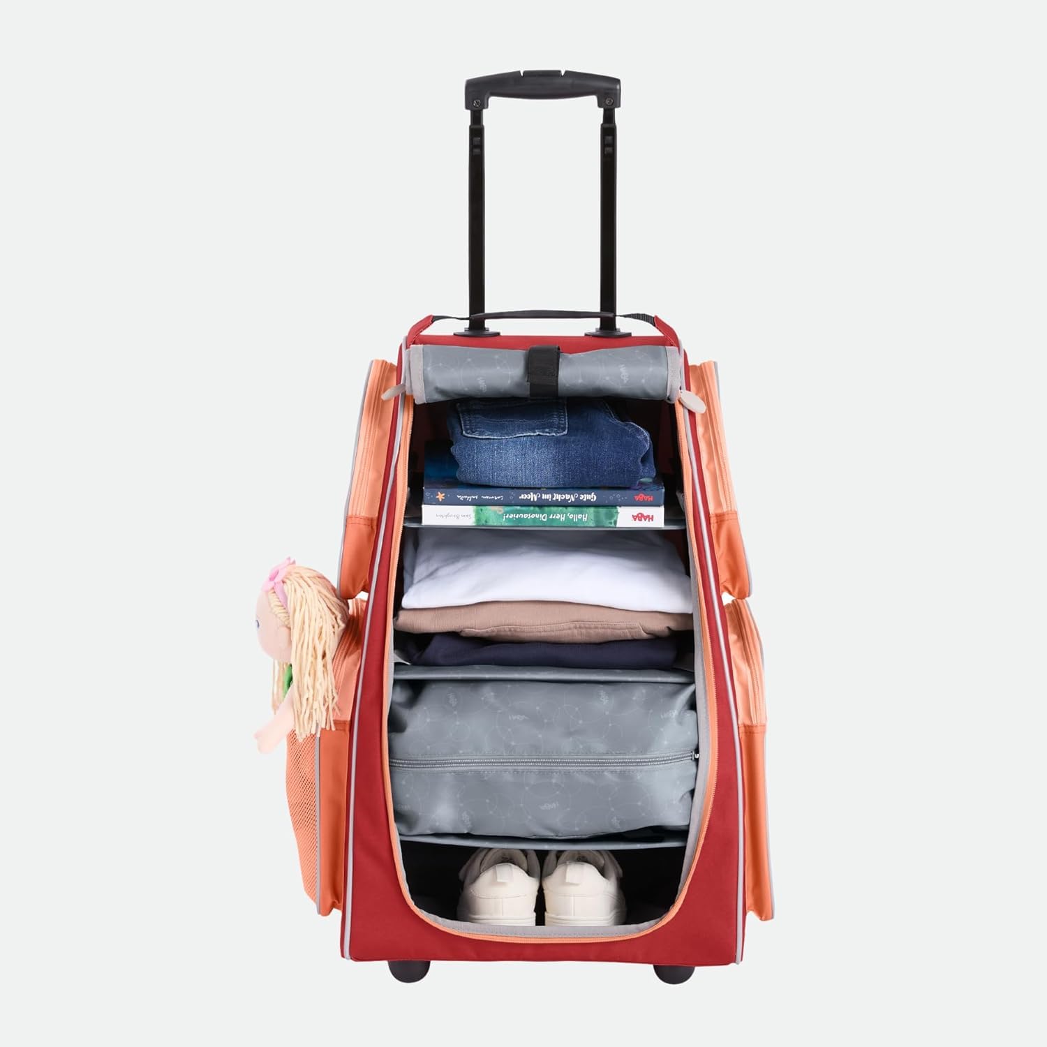 HABA Kinder-Schranktrolley Apricot mit 2 Rollen – Kinderkoffer aus recyceltem Polyester mit Schmutzwäschebeutel, 3 herausnehmbaren Böden und 4 Reißverschluss-Außentaschen – 2012725002