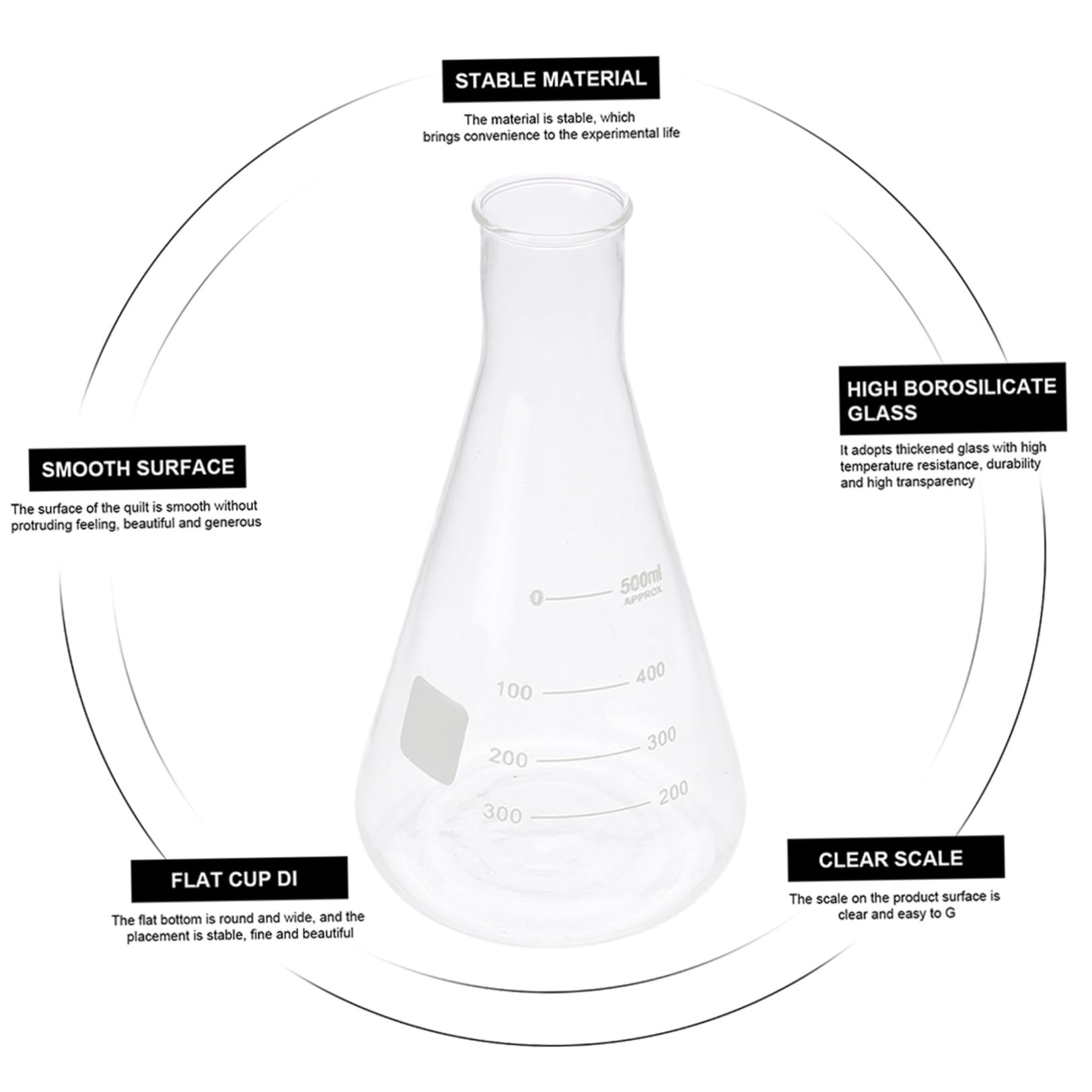 Conjunto de 4 Matraces Erlenmeyer de Vidrio Borosilicato Cónico Escala Clara, Capacidad Estándar, Prácticos para Experimentos en Clase de Química