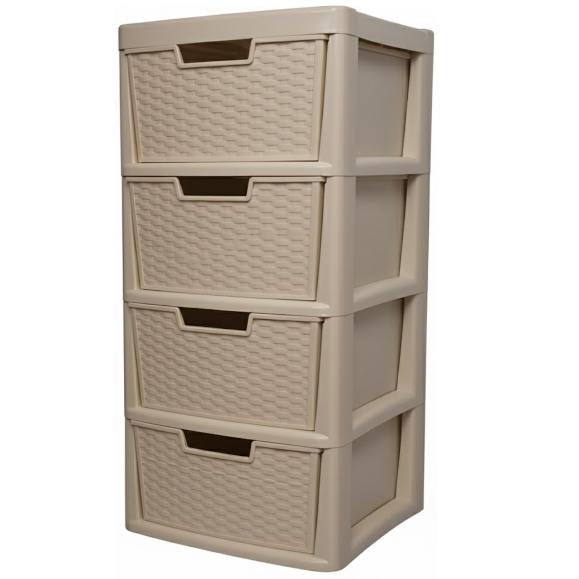 ALEEZ - Large Plastic Drawer Storage Unit - Rattan Effect 4 Drawer Cabinet - Multipurpose Storage Organiser - Office, Tabletop Desktop Drawer - Bedroom Chest Drawer Unit - (Mushroom, 4 Drawer)