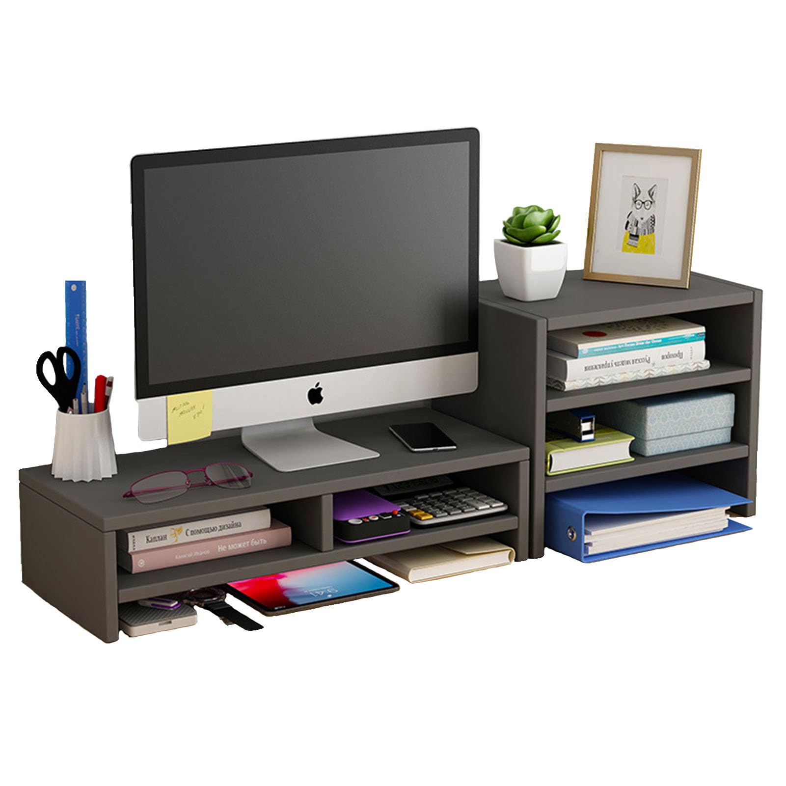 Computer Monitor Stand Riser,YHOME 2 Tiers Monitor Stand for Desk with 3 Layer Storage Shelf,Multifunctional Desktop Organizer Stand, Printer Shelf Laptop Stand for Desk, Computer, Printer (Black)