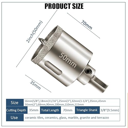 Miniatura 6 de Sierra de agujero de diamante de 2 pulgadas con broca central, broca de sierra de agujero con punta de diamante con broca piloto para vidrio,