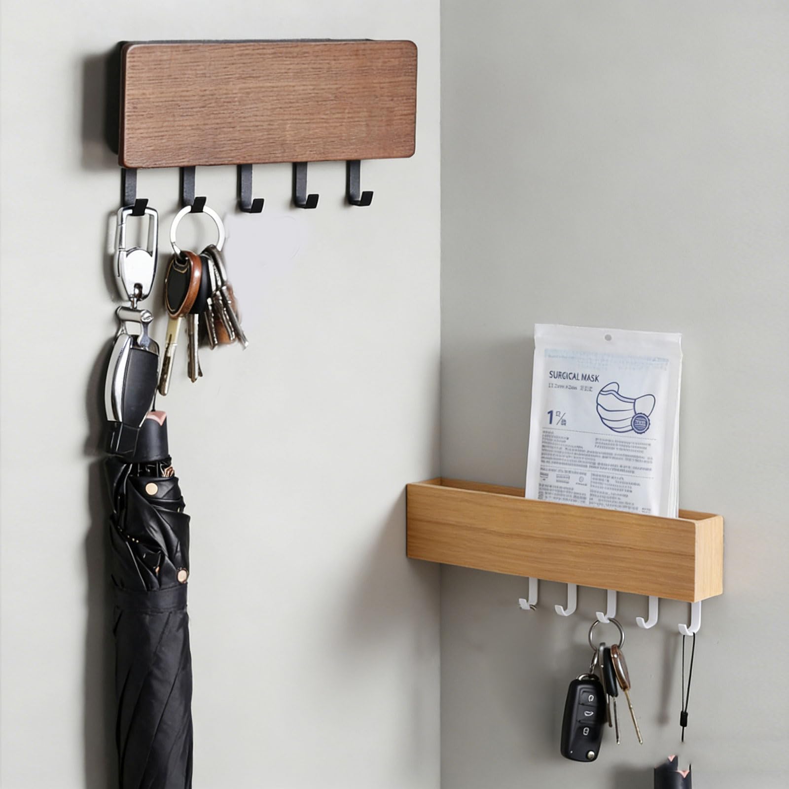 Set di ganci multiuso in legno con base in acciaio al carbonio, facile installazione per chiavi e piccoli oggetti da ingresso