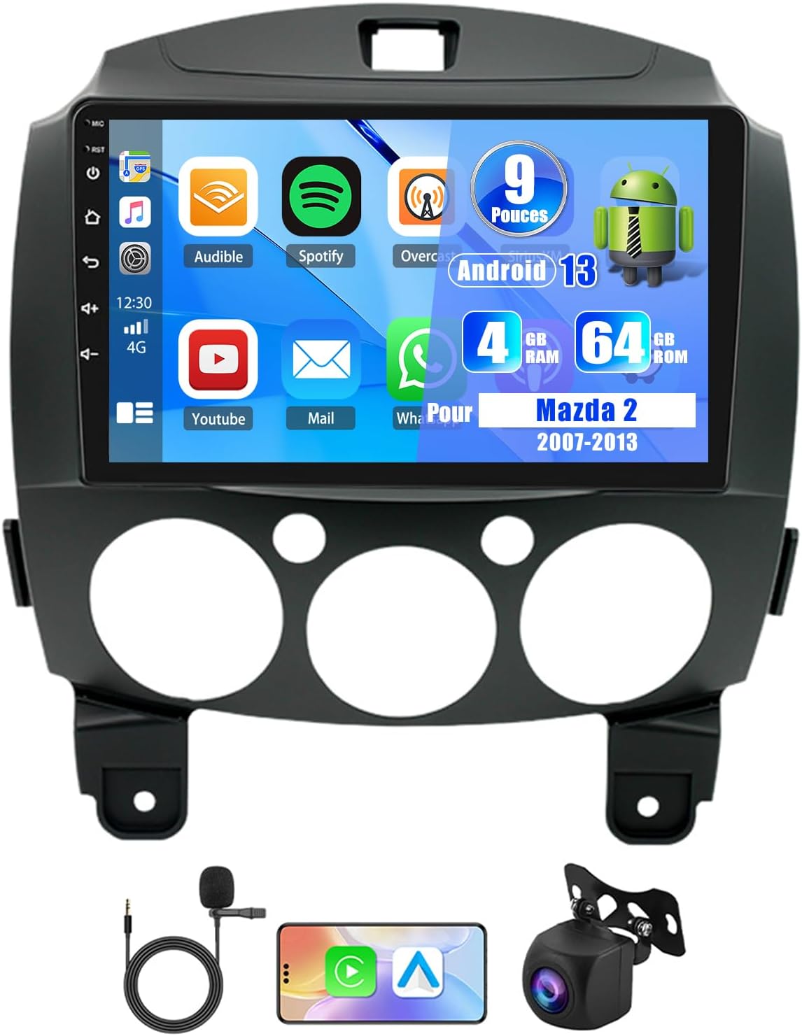 Android 13 Car Radio 4 + 64 GB for Mazda 2 2007-2013, Carplay Android Car 9 Inch HD Touchscreen Mirror Link Bluetooth 5.0 FM Navigation WiFi DSP Split Screen Steering Wheel Control AHD Camera