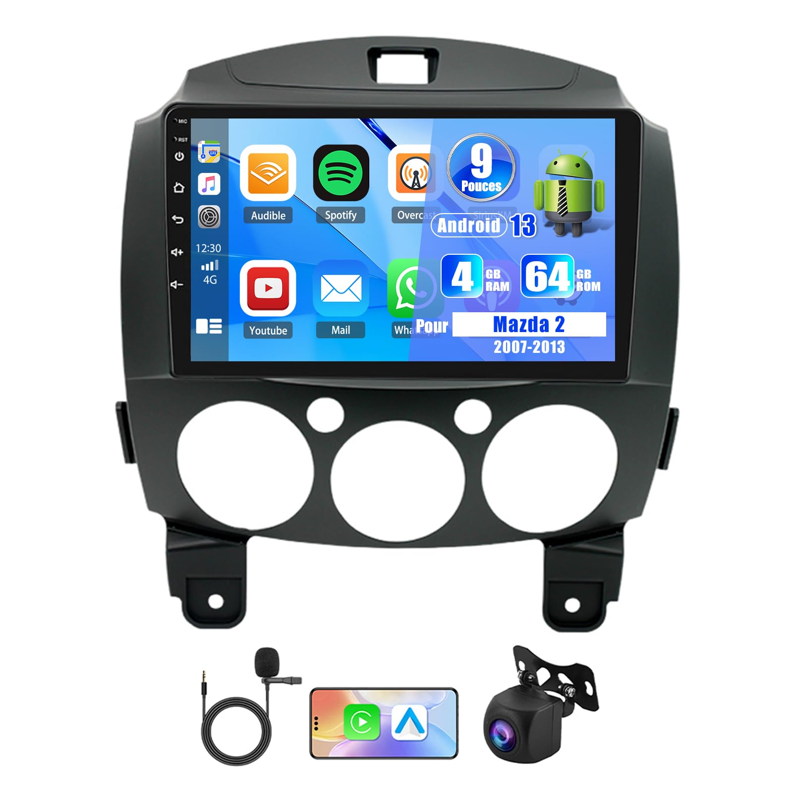 Android 13 Car Radio 4 + 64 GB for Mazda 2 2007-2013, Carplay Android Car 9 Inch HD Touchscreen Mirror Link Bluetooth 5.0 FM Navigation WiFi DSP Split Screen Steering Wheel Control AHD Camera