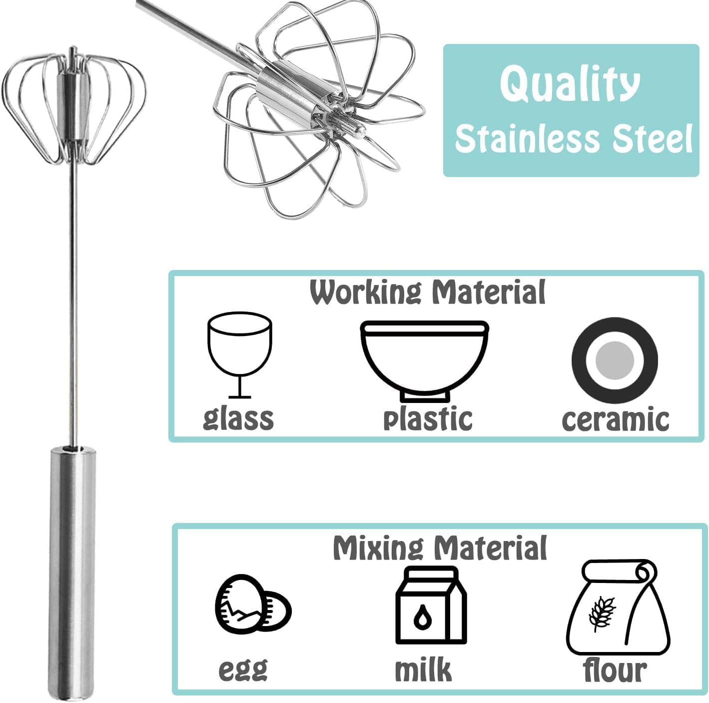 Semi-automatic Whisk, Stainless Steel Egg Beater, Hand Push Rotary Whisks Mixer Stirrer for Making Cream, Whisking, Beating and Stirring (12Inch) image 3