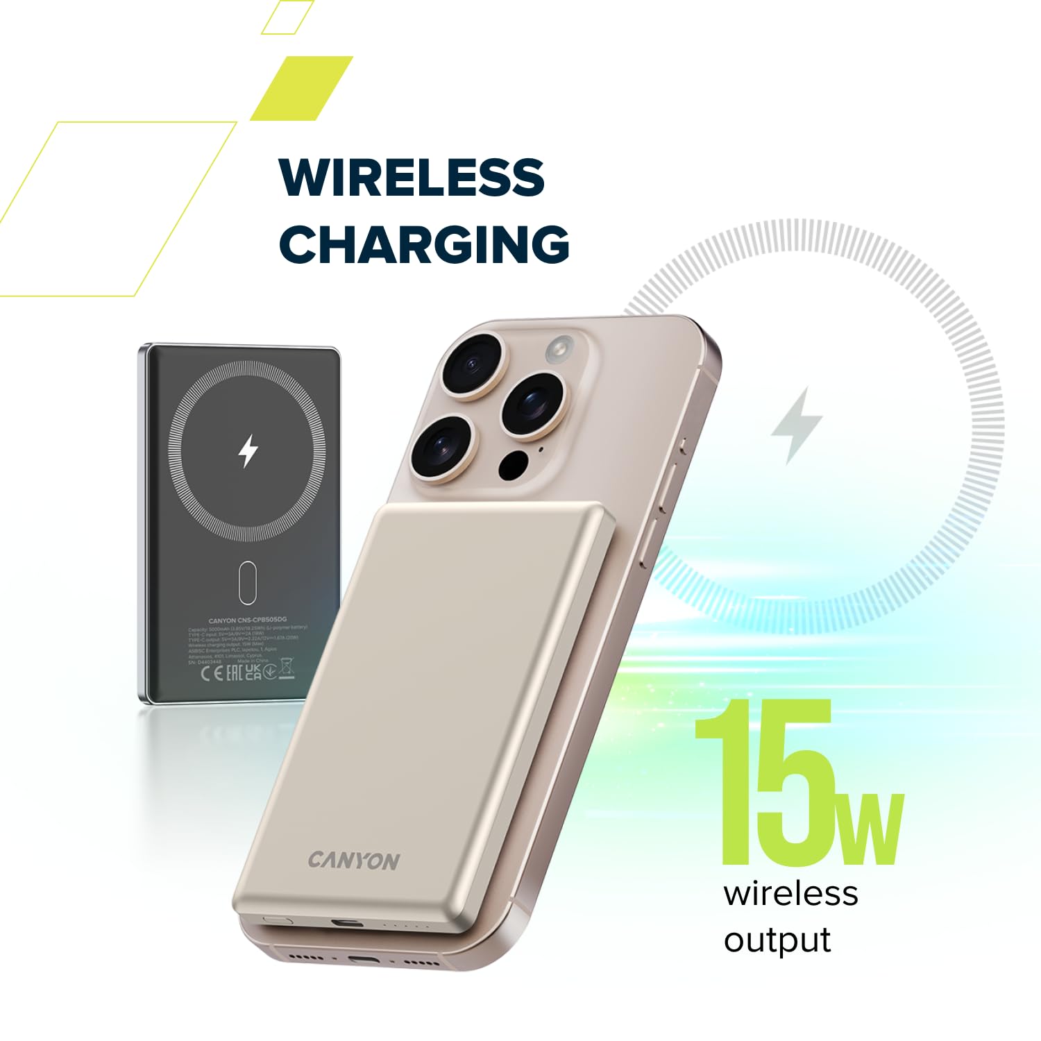 CANYON OnPower 500 Batterie externe magnétique 5000 mAh, PD 20 W USB-C, charge sans fil 10 W, compatible MagSafe, aluminium ultra fin, gris étoile