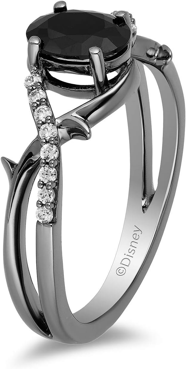 Enchanted Disney Fine Jewelry Maleficent Villain Ring for Women | Black Rhodium over Sterling Silver | 7x5MM Oval Black Onyx & 1/10 CTTW Natural White Round Diamonds | Disney Villain Inspired Jewelry Gifts for Her | Gift Box Included