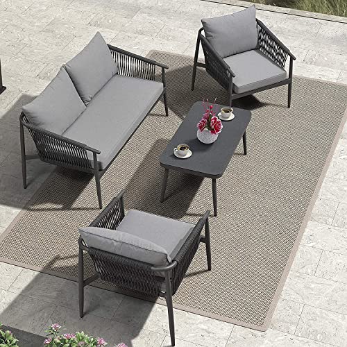 Image of DEVOKO 4 Seater Outdoor Rope Patio Sofa Set for Balcony, Backyard, Lawn, Garden, Indoor, Poolside, Deck (Black & Dark Grey)