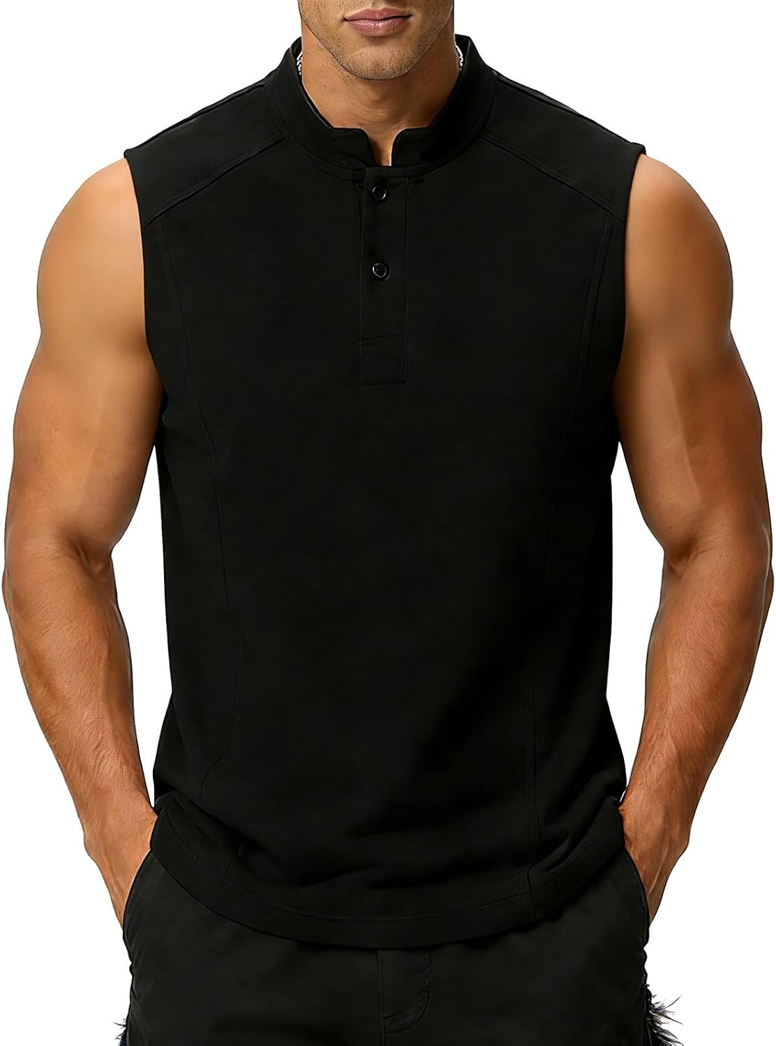 Men's Workout Tank Tops Sleeveless Button Shirts Muscle Henley Shirt Casual Mock Neck Sweat Tops Summer Beach Tops