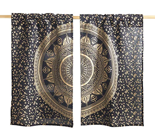 Popular Handicrafts Indian Hippie Mandala Kitchen Window Curtains - Gypsy Ombre Bohemian Beautiful Drapery Bedroom Living Room Balcony Valance Black Gold #TOP3