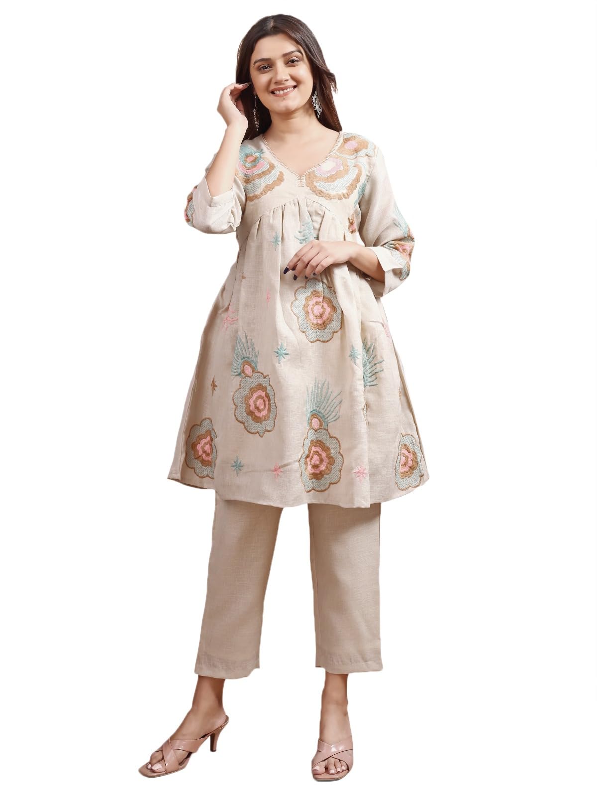 Womanista Women's Beige Colour Linen Multi Thread Embroidery Flared Tunic With Trouser Coord Set(Co-Ords_9102_S)