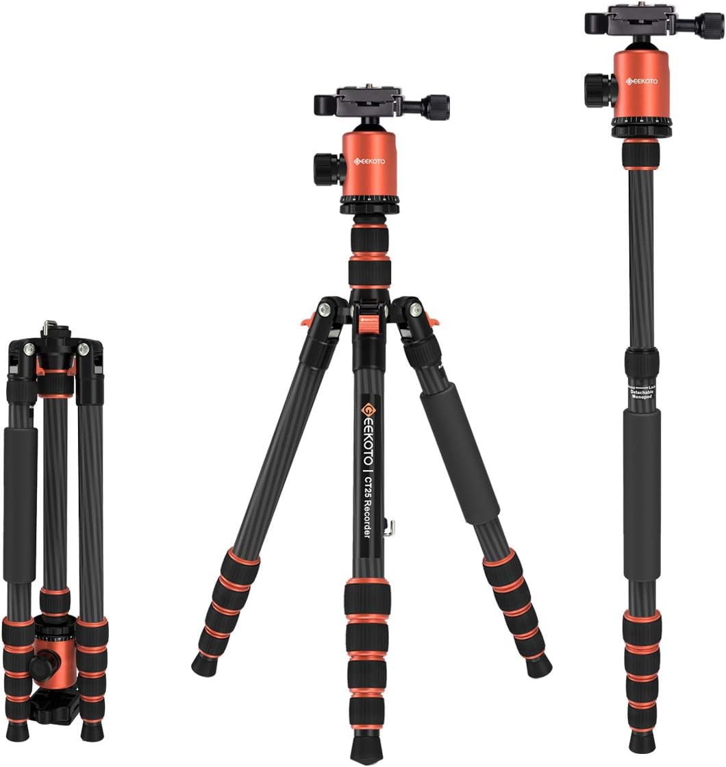GEEKOTO Carbon Fiber Tripod Monopod 62" with 360° Ball Head, Aluminum Quick Release Plate DSLR Camera, Video Camcorder, Compact, Capable Beautiful Tripod(CT25 Recorder)