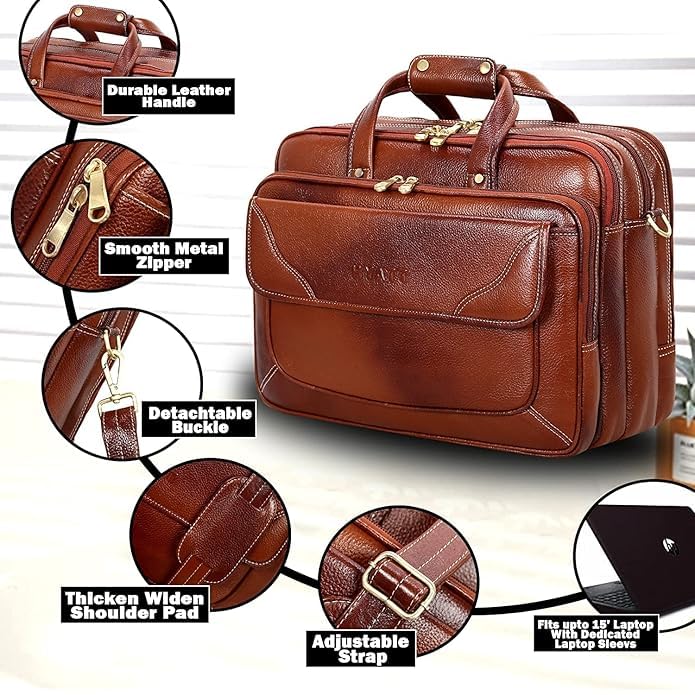 Image of Full-Grain Natural Genuine Pure Orginal Leather Office Briefcase Laptop Messenger Shoulder Bags For Mens Man Office Use 15.6 Inch cabin szie travelling Size-L-16'' X H-12'' X W- 6''