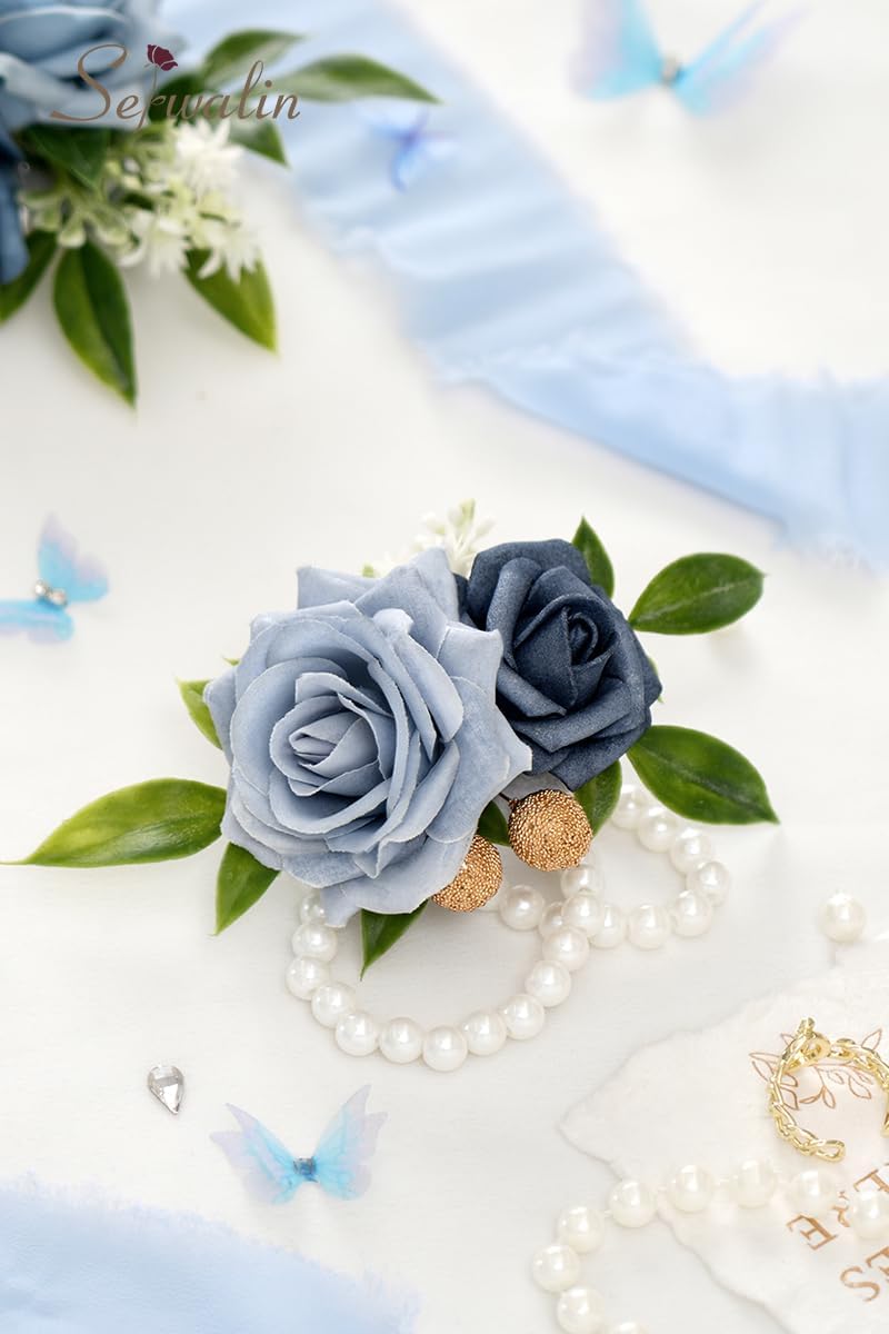 Serwalin Blue Rose Corsage and Boutonniere Set, 2Pcs Dusty Blue Boutonniere and Wrist Corsage Wristband Prom Flower for Wedding Flowers Accessories Prom Suit Decorations - Image 4