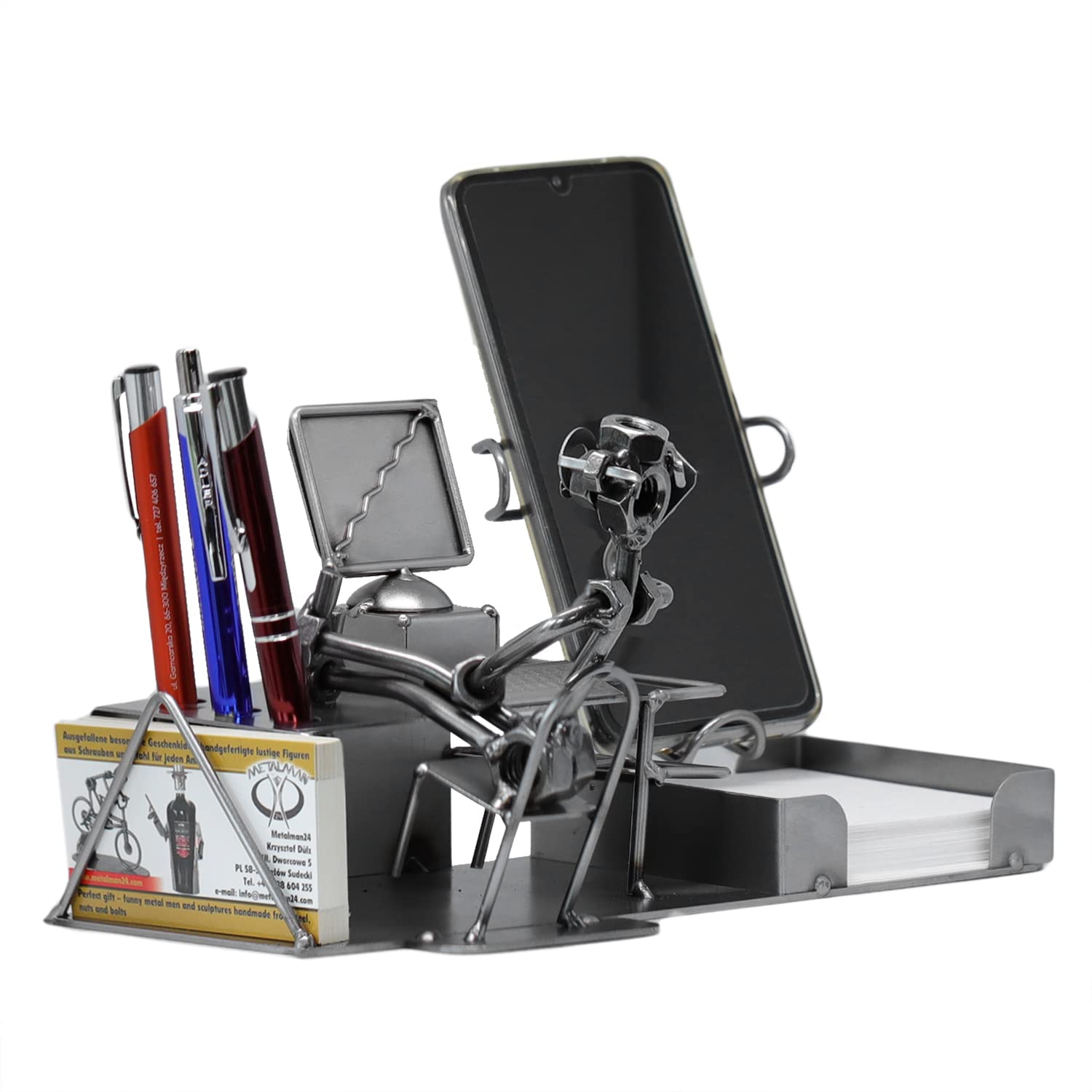 Schraubenmännchen BÜRO PC Schreibtisch Organizer Handyhalter Visitenkartenhalter Stiftehalter Zettelbox Handarbeit Geschenkidee Metallmännchen Stahlfigur - Deko für Büro & Zuhause