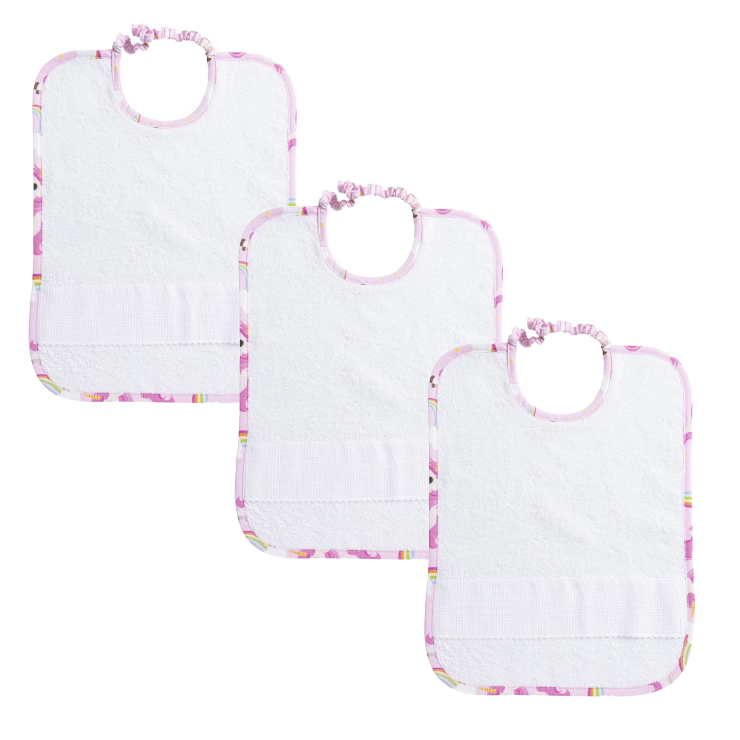 Filet - Set of 3 Nursery Bibs with Elastic | High Quality Material in White Terry Cloth with Embroidered Aida | Border with Unicorn Print | Made in Italy