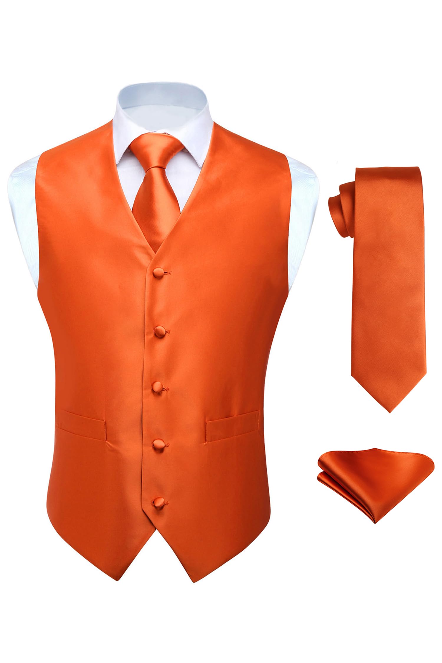 3pc Men's Solid Color Woven Dress Waistcoat & Necktie and Pocket Square Vest Suit Tuxedo Set Orange-image-42