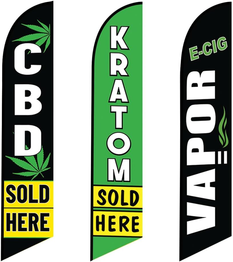 CBD Kratom Sold HereE-Cig Vapor Smoke Shop Advertising Feather Flag Kits Package, Includes 3 Banner Flags, 3 Flag Poles, and 3 Ground Stakes FFN