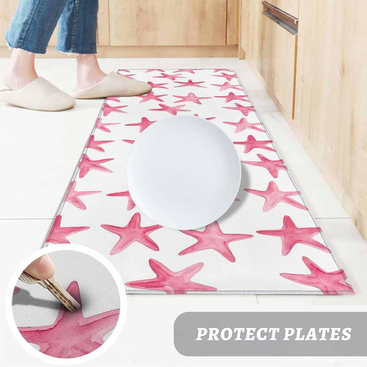 Teamery Kitchen Mats for Floor Summer Pink Ocean Starfish Washable Non Slip Kitchen Rugs 2PCS, Coastal Marine Life Seamless Absorbent Standing Mats for Sink Office Living Room 15.7x23.6in+15.7x47.2in