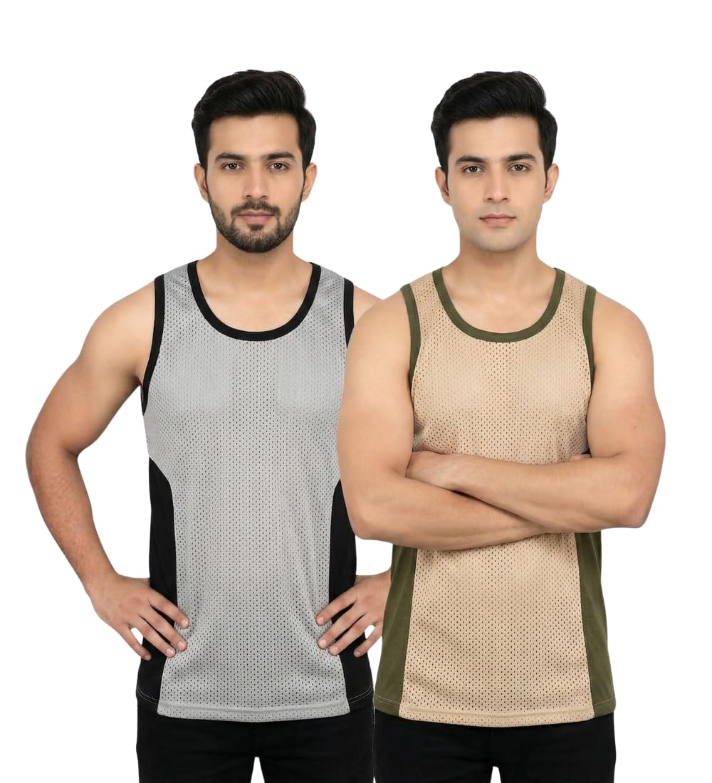 looks united Men Stylish MESH NET & Cotton Colorblocked Comfit Relax Sleeveless Round Neck Vest-picture-26