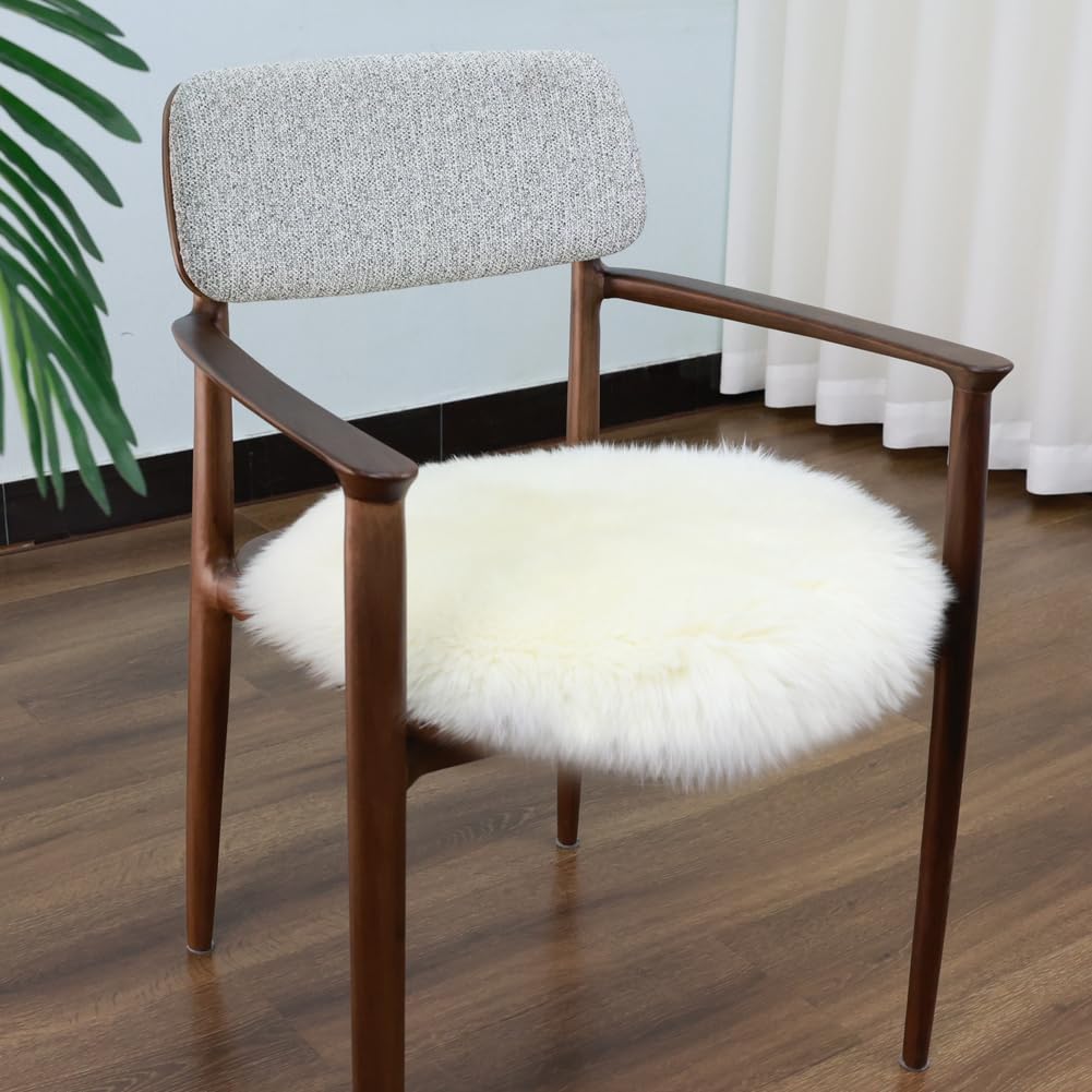 IRIWOOL Square Fur Sheepskin Chair Cover Seat Cushion Pad Super Soft Area Rugs (Milky White, Round 16.5" (Pack of 1))