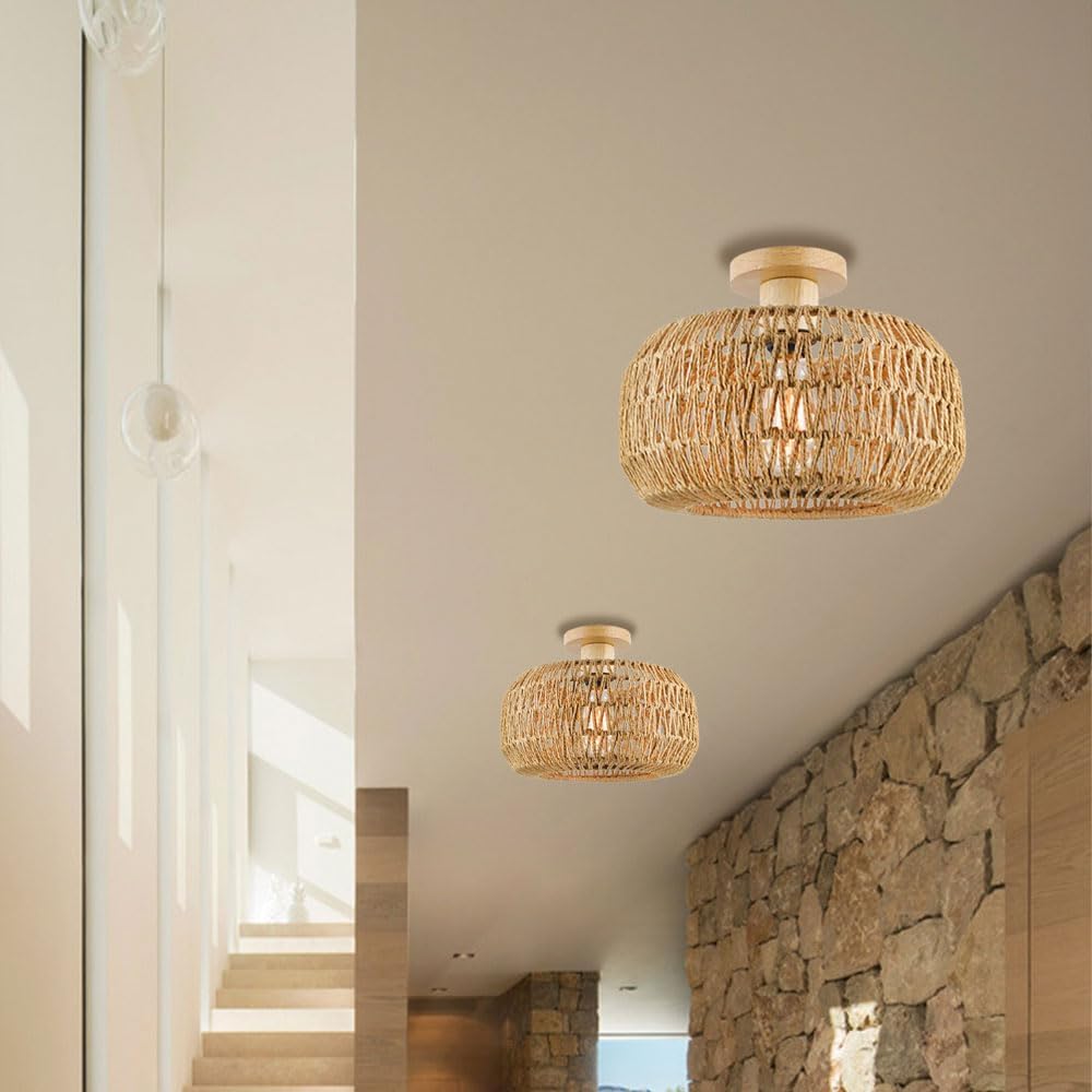 Southeast Asian Style Semi-recessed Ceiling Lamp, Country Retro Close To Ceiling Light Fixtures, Industrial Style Bedroom Handmade Rattan Ceiling Chandelier, Indoor Entrance,Living Room Lanter